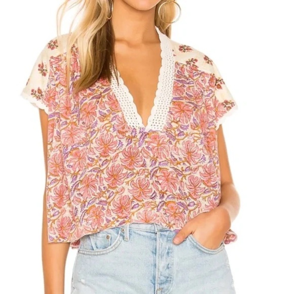 Free People Leilani Pink and White Flutter Sleeve Crop Blouse